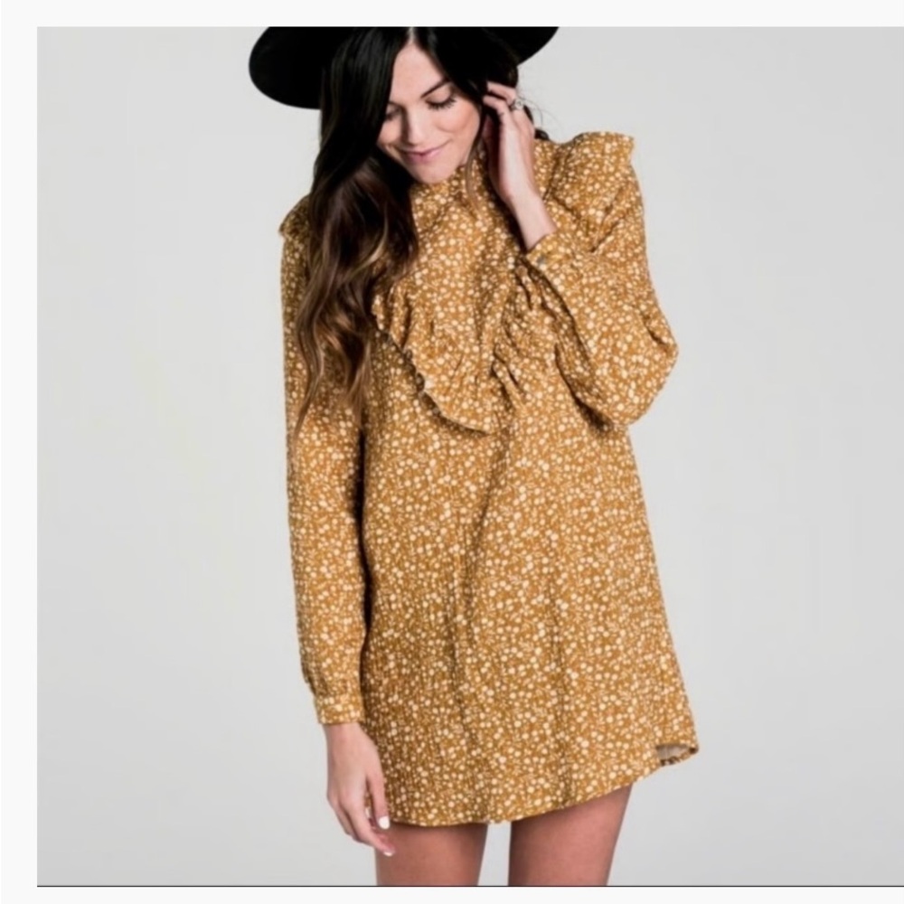 Rylee + Cru Mustard Floral Long Sleeve Dress NWT